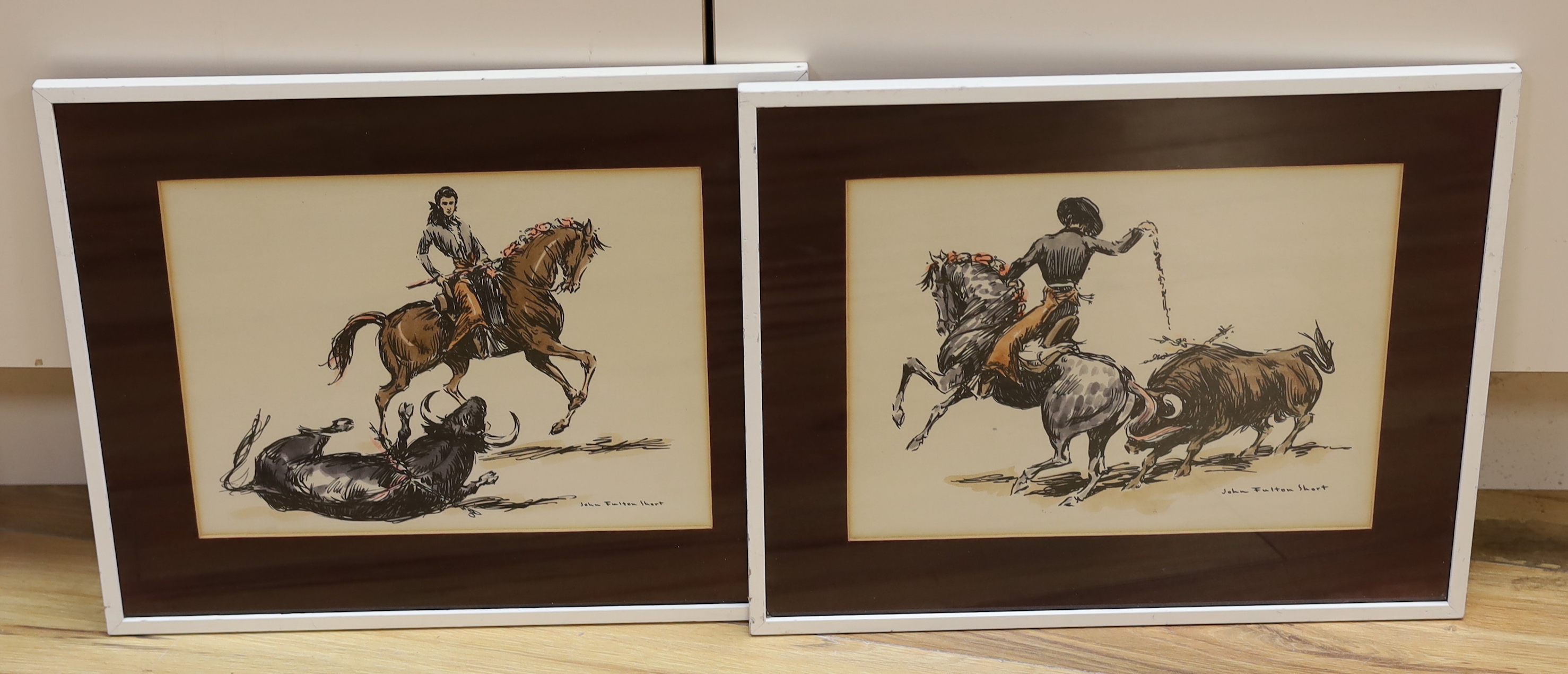 John Fulton Short (1932-1998), pair of ink and watercolours, Matadors and bulls, each signed, 22 x 30cm